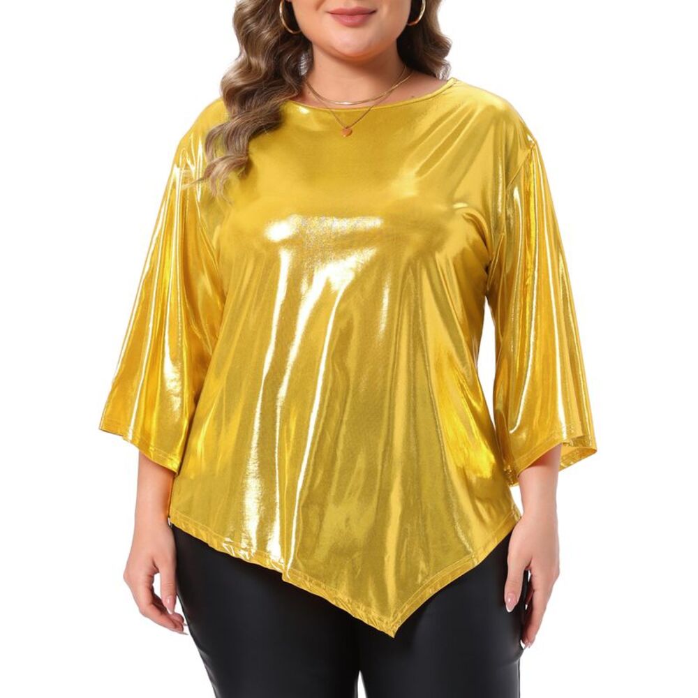 Women Plus Size Metallic Crew Neck 3/4 Bell Sleeve Tops Gold